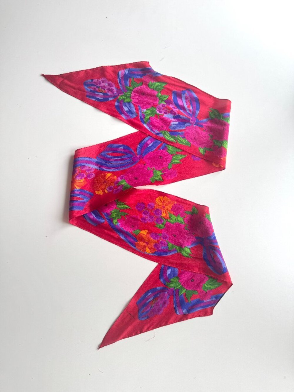 Vintage LIZ CLAIBORNE Pink Purple Floral Bow Silk Crepe 66" x 6.5" Skinny Scarf